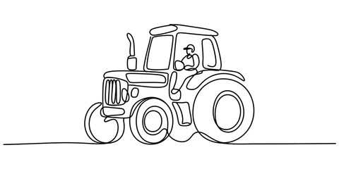 A minimalist continuous line drawing of a tractor with a driver on a plain white background Vector, illustration © RK Drawing Gallery