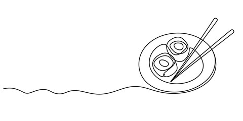 Continuous line drawing of sushi rolls on a plate with chopsticks against a white background. Vector, illustration © RK Drawing Gallery