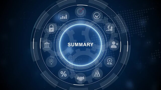 Summary concept. Summarize data, information, past performance analysis for development, improvement. The business presentation of meeting. 3d Motion graphics of technology icon interface background