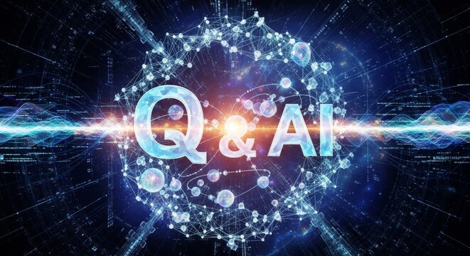 Illuminated digital sphere displaying 'Q & AI' text, surrounded by a network of glowing particles and abstract light patterns.