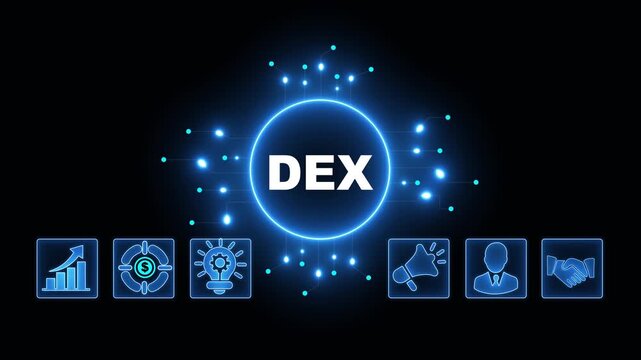 DEX Acronym on Central Circuit Board. Digital Data Neon Circuit Board Concept. Idea, Growth, Target, Marketing, Lock, and Person Icons. Digital Technology Blue Background. 4k Video