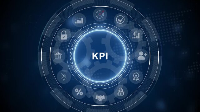 Effective and smart key performance indicators (KPIs) to measure and evaluate progress. Specific, measurable, achievable. 3d Motion graphics of technology icon interface background