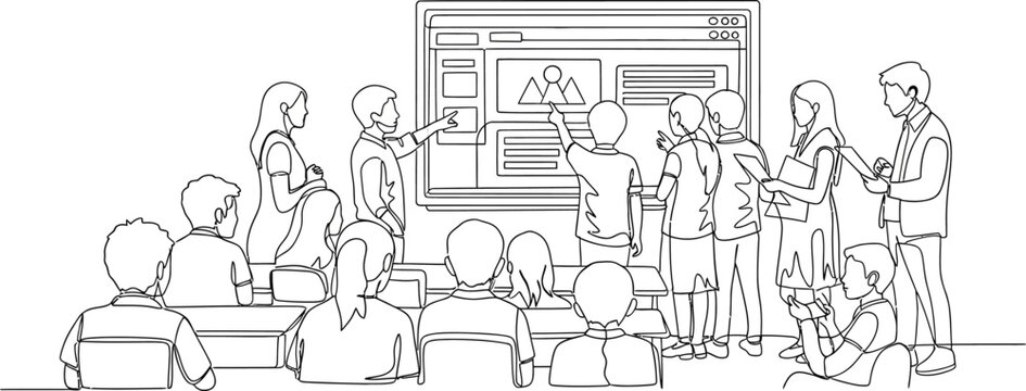 people in classroom with teacher and computer screen