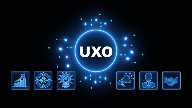 UXO Acronym on Central Circuit Board. Digital Data Neon Circuit Board Concept. Idea, Growth, Target, Marketing, Lock, and Person Icons. Digital Technology Blue Background. 4k Video