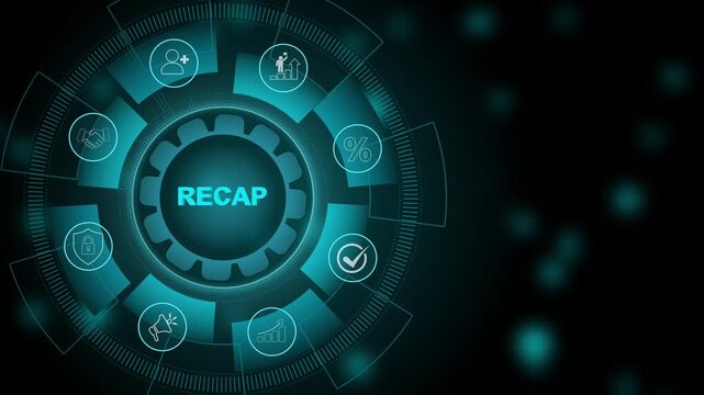 Recap business, economic, market, budget, financial and meeting report concept. Business summary and overview for planning and develop. 3d Motion graphics of technology icon interface background