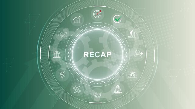 Recap business, economic, market, budget, financial and meeting report concept. Business summary and overview for planning and develop. 3d Motion graphics of technology icon interface background