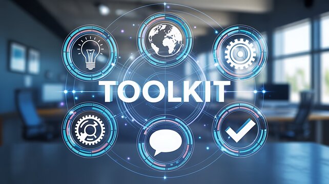 Digital toolkit interface with icons in office environment productivity software concept