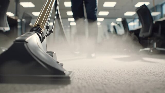 Professional office cleaning with vacuum cleaner in modern workspace.