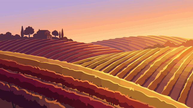 A beautiful vector illustration of a Tuscan vineyard at sunset. Rolling hills with grapevines in warm autumn colors create a peaceful, scenic rural landscape. Ideal for wine or travel.