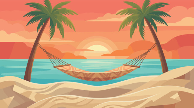A serene tropical beach scene with a hammock between two palm trees at sunset. Perfect vector illustration for travel, vacation, and relaxation concepts.