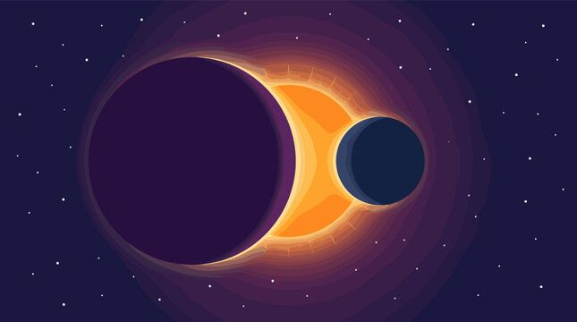 A modern vector illustration of a solar eclipse. The cosmic scene with stars and planets creates a mysterious, futuristic mood. Ideal for science, tech, or space themes.