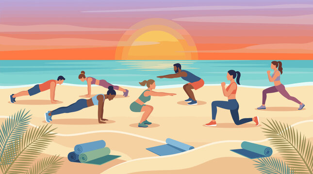 A diverse group in a fitness class on a sandy beach at sunset. This illustration represents a healthy, active lifestyle, wellness, and outdoor group workouts.