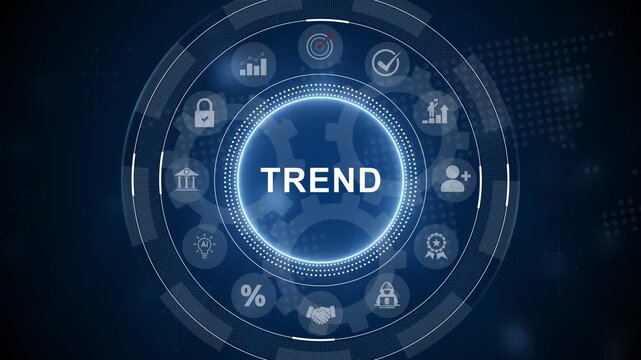 Trend searching concept. Searching information data on internet networking to initiative trends. Searching for upcoming business trend. 3d Motion graphics of technology icon interface background