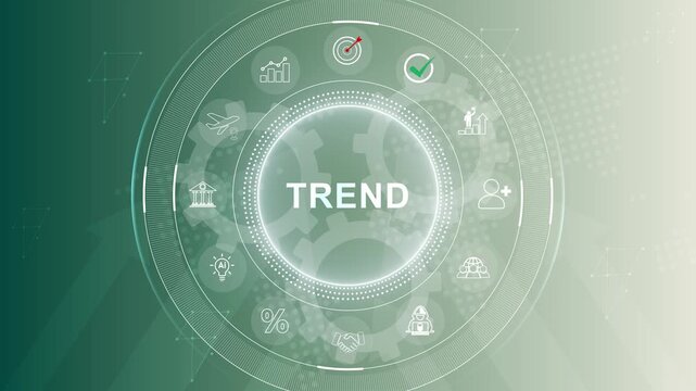 Trend searching concept. Searching information data on internet networking to initiative trends. Searching for upcoming business trend. 3d Motion graphics of technology icon interface background