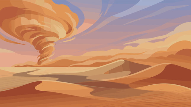 A dramatic vector illustration of a powerful tornado sandstorm swirling over vast desert dunes at sunset. A concept for climate change, disaster, risk, and natural power.