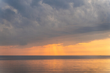 Fototapeta premium Fantastic closeup sea sky. Panoramic beach seascape. Inspire tropical horizon. Orange and golden sunset sky calmness tranquil relaxing sunlight summer mood. Vacation ocean travel sunrise meditation