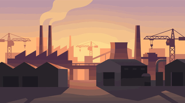 Industrial landscape illustration with factories and cranes at sunset. Concept for manufacturing, energy, construction, pollution, or economic development.