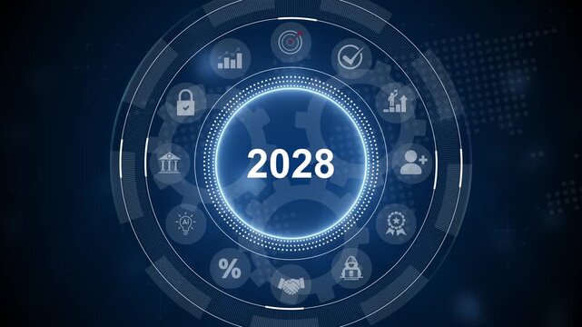 2028 annual business plan and digital business. Technology and innovation for business transformation. Goal achievement and success in 2028. 3d Motion graphics of technology icon interface background