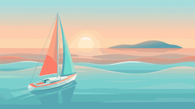 A sailboat glides on a calm turquoise sea at sunset. This peaceful vector illustration evokes travel, vacation, and tranquility. Ideal for banners, posters, and web design.