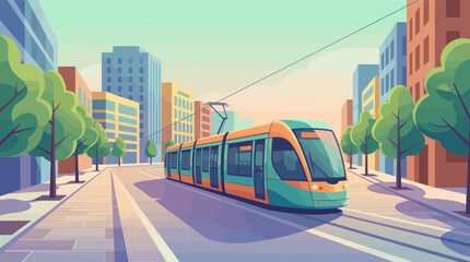 Obraz premium A modern tram on a sunlit street in a vibrant city. This flat vector illustration depicts clean public transport. Perfect for urban, travel, and sustainability concepts.