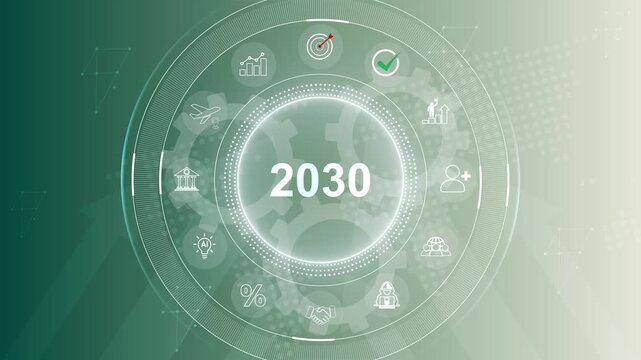 2030 annual business plan and digital business. Technology and innovation for business transformation. Goal achievement and success in 2030. 3d Motion graphics of technology icon interface background