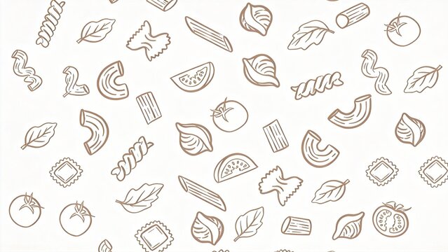 Seamless pattern with Italian pasta tomatoes and basil leaves in minimalist line art style perfect for food packaging menu design culinary backgrounds and Italian cuisine themed pr