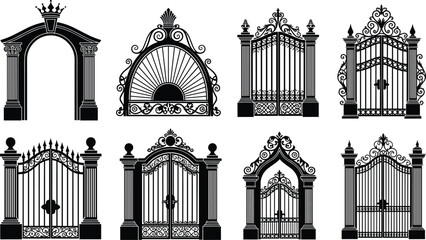 Fototapeta premium Set of ornate black gate silhouettes and classical archways with wrought iron details isolated on white background for luxury estate architecture