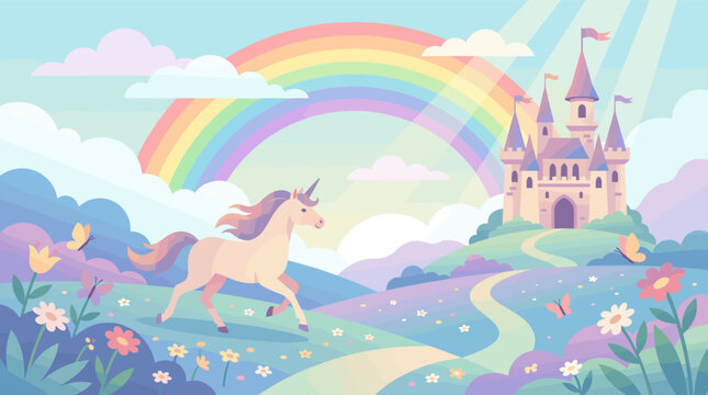 A magical unicorn in a fairytale landscape with a princess castle and rainbow. Whimsical vector illustration for kids' projects, backgrounds, and fantasy themes.