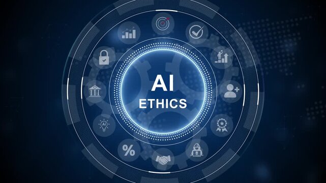 AI ethics or AI Law concept. Developing AI codes of ethics. Compliance, regulation, standard , business policy and responsibility. 3d Motion graphics of technology icon interface background