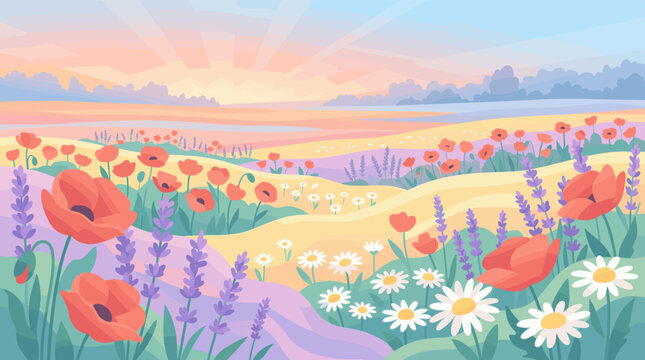 A dreamy summer landscape illustration with red poppies, lavender, and daisies blooming on rolling hills at sunset. Peaceful, serene vector background for nature or wellness themes.