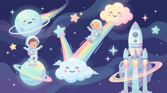 A whimsical cartoon of cute astronaut kids in a magical space adventure. They slide on a rainbow between smiling planets and clouds. Perfect for nursery decor or kids' projects.