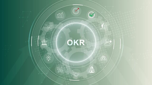OKR text (Objectives, Key and Results) wooden cube blocks on blue background. Business target and drive business and performance. 3d Motion graphics of technology icon interface background