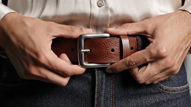 Close Up of Person Buckling Brown Leather Belt on Dark Jeans