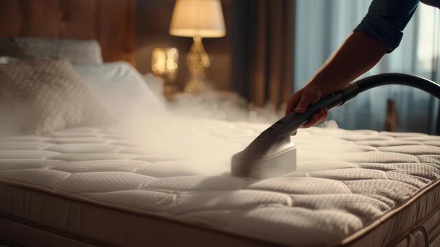 Professional mattress cleaning with steam vacuum in a cozy bedroom.