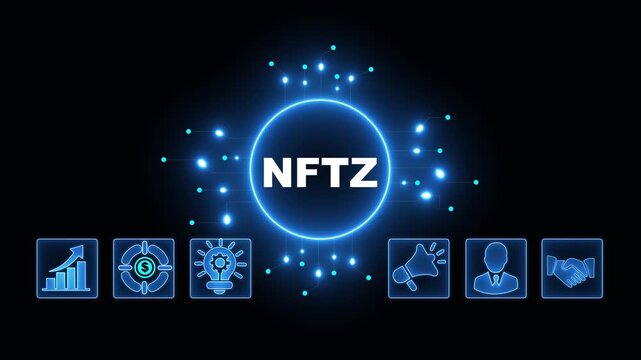 NFTZ Acronym on Central Circuit Board. Digital Data Neon Circuit Board Concept. Idea, Growth, Target, Marketing, Lock, and Person Icons. Digital Technology Blue Background. 4k Video