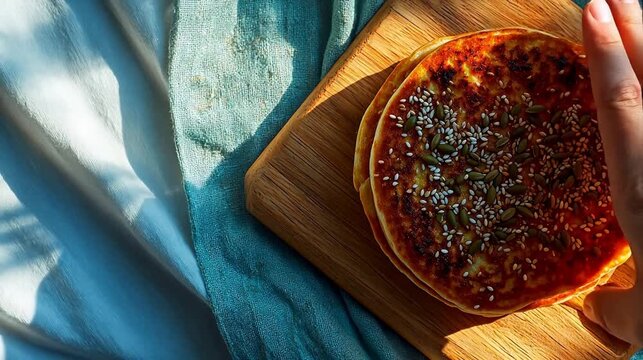 Stack of seeded flatbreads on wooden board