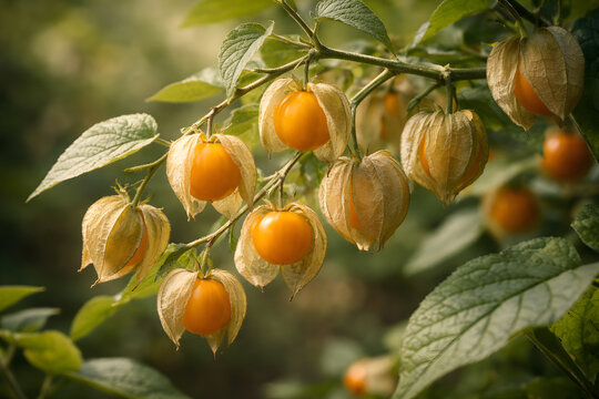 Ripe Cape Gooseberries (Physalis) Growing on Plant with Papery Husks in Garden