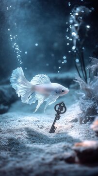 水中の砂に刺さる古い鍵と白いベタの魚。青い光と気泡が包む静寂の風景。神秘的な物語の始まり