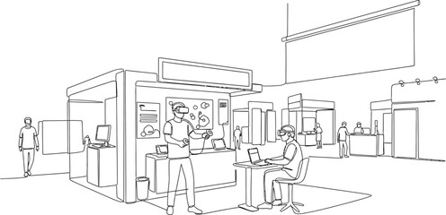 Naklejka premium office interior with people working, dotted line illustration