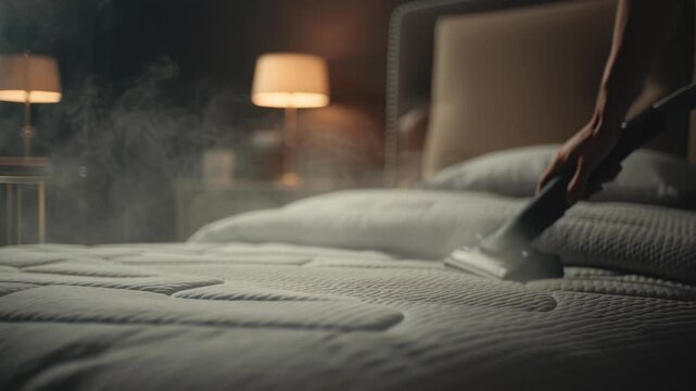 Person cleaning mattress with steam cleaner in cozy bedroom.