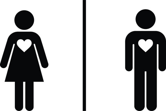 Vector graphic illustration of a man and woman with hearts on their chests standing on either side of a line
