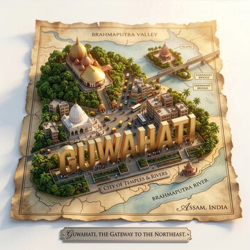 3D Isometric Guwahati Map City of Temples and Rivers with Brahmaputra and Saraighat Bridge