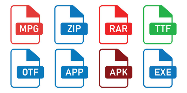 File extension format icon set including colorful mpg zip RAR OTF TTF app APK and exe vector illustration.