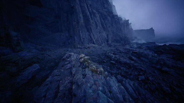 Windblown basalt headland under gathering storm, research outpost equipment silhouettes, anemometer and instrument cases hint at fieldwork, raw surf and spray
