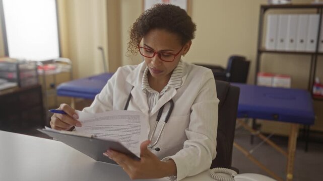 Woman doctor with stethoscope and red glasses carefully reviewing patient files and signing forms at clinic desk with examination table behind; compassion.