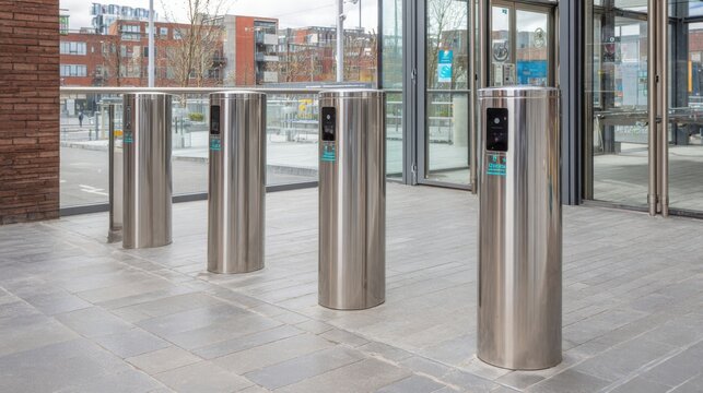 Polished chrome stanchion posts guiding visitors through modern building entrance