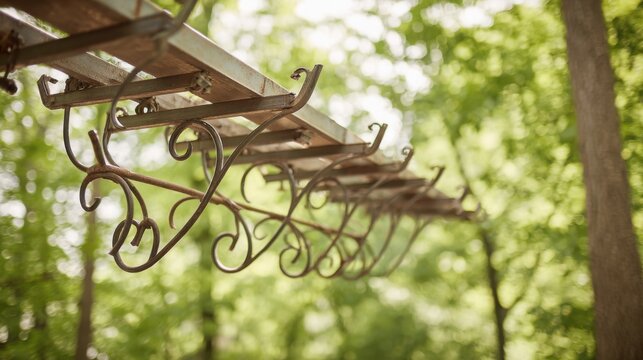 Ornate wrought iron bike rack structure with decorative scrolls and antique metalwork detail