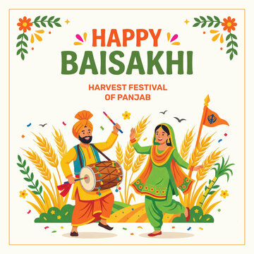 Happy Baisakhi harvest festival of Punjab vector illustration, Punjabi couple dancing with dhol in wheat field, Sikh religious celebration greeting card