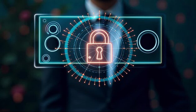 Holographic futuristic quantum key encryption symbol above a palm 