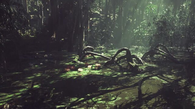 Dappled jungle understory bathed in mist, tangled vines and exposed roots creating moody silhouettes filtered beams highlight decayed leaf cover and overgrown